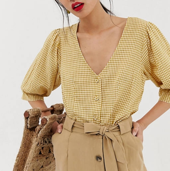 ISO Mango gingham front button blouse in Yellow - Picture 1 of 3